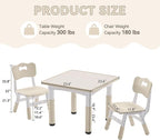Kids Study Table and Chairs Set, Height Adjustable Toddler Table and Chair Set for Kids Ages 3-8, 23.6" L x 23.6" W Graffiti Desktop Plastic Children Art Table with 2 Seats, Burlywood