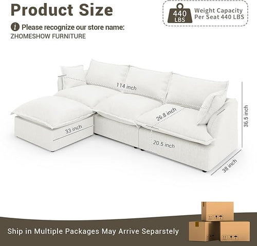 114” Oversized Modular Sectional Sofa, Comfy Down Fill Cloud Couch with Washable Cover, L Shaped 3 Seater Modular Couch with Ottoman, Convertible Sectional Couches for Living Room, Cream White