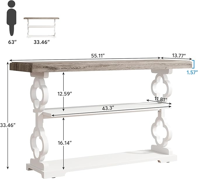 Tribesigns Farmhouse Console Table, 55 inch Long Sofa Table with Storage Shelves, 3 Tier Wood Accent Entry Table for Hallway, Entrance, Living Room, Foyer, Grey and White