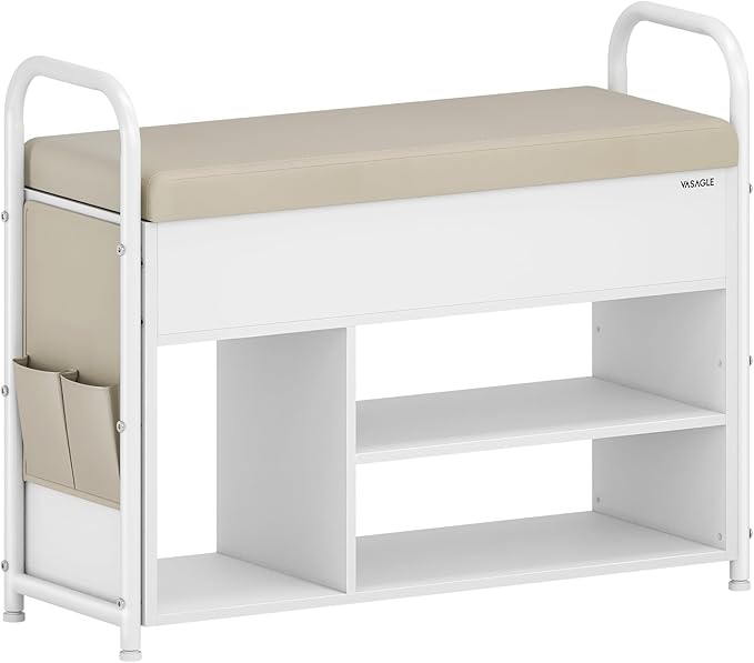 VASAGLE Shoe Bench, Shoe Rack, Entryway Furniture, Inner Storage Under The Lid, PU Pockets, Convenient Handles, for Entryway, Living Room, Bedroom, Cloud White and Cuppuccino Beige ULSB052W01