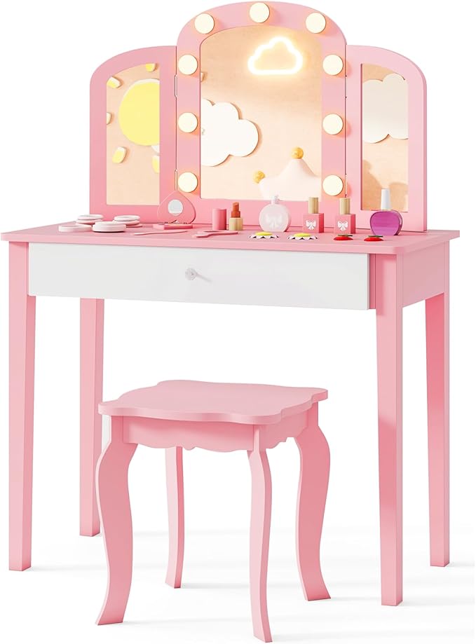 Costzon Kids Vanity, Girls Vanity Set with Mirror and Stool and Lights, Storage Drawer, Princess Toddler Makeup Vanity Desk Dressing Table, Wooden Kids Vanity Table and Chair Set (Pink)