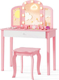 Costzon Kids Vanity, Girls Vanity Set with Mirror and Stool and Lights, Storage Drawer, Princess Toddler Makeup Vanity Desk Dressing Table, Wooden Kids Vanity Table and Chair Set (Pink)