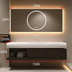 72IN Bathroom Vanity with Sink - Bathroom Cabinet Set has 2 Drawers & Overflow Hole Wall Mounted | LED Practical Defogging Mirror, Open Compartments, Seamless Rock Slab Basin (Coffee)