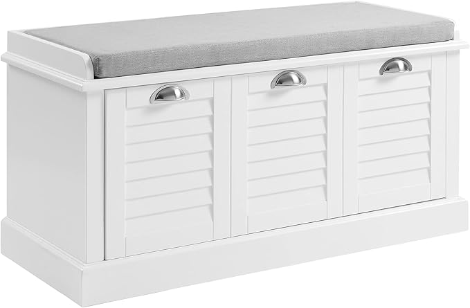 Crosley Furniture Ellison Entryway Storage Bench with Shoe Rack Organizer Drawer, White with Gray Cushion