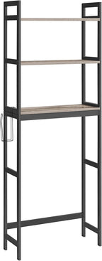 SONGMICS Over-The-Toilet Storage, 3-Tier Bathroom Organizer Over Toilet with Adjustable Shelves, Hooks, Bamboo, Freestanding Space Saver Bathroom Shelves, Heather Greige and Ink Black UBTS012W01