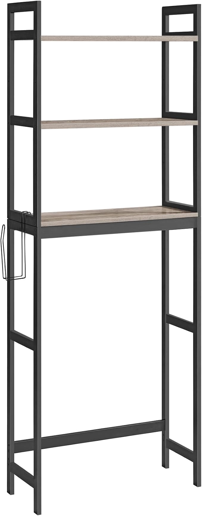 SONGMICS Over-The-Toilet Storage, 3-Tier Bathroom Organizer Over Toilet with Adjustable Shelves, Hooks, Bamboo, Freestanding Space Saver Bathroom Shelves, Heather Greige and Ink Black UBTS012W01