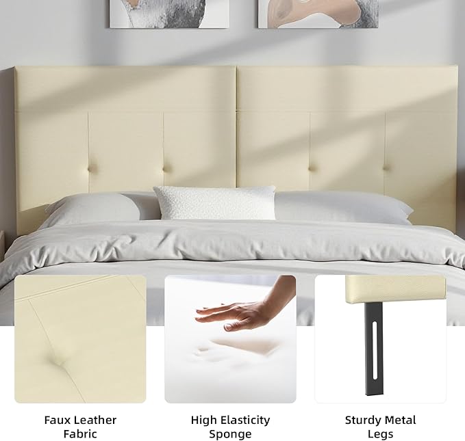 King Headboard Only with Adjustable Metal Legs, Faux Leather Upholstered Headboard King Size, Modern Stylish Headboard with Sunken Dot Design, Sturdy Bed Headboard for Bedroom, Beige