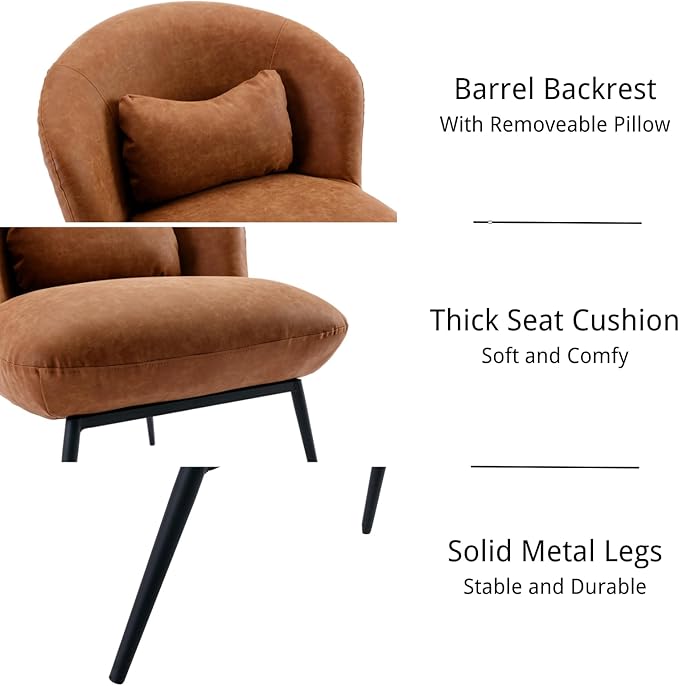 HEAH-YO Modern Accent Chair Set of 1, Living Room Chair with Barrel Backrest, Upholstered PU Faux Leather Armless Side Chair with Metal Legs for Bedroom, Brown