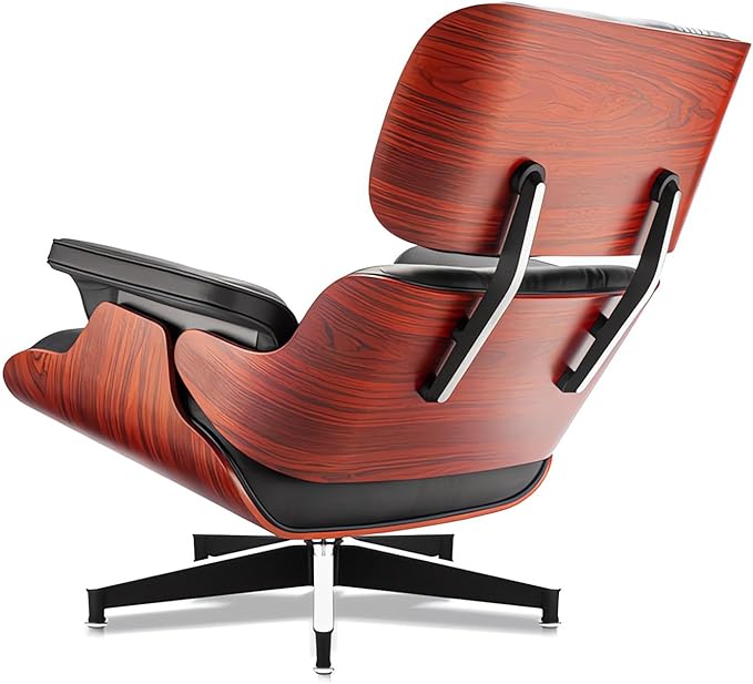 Top Black Grain Leather, Mid Century Chaise Lounge Chair and Ottoman, Modern Chair Classic Design, Heavy Duty Base Support for Living Room Study Lounge Office, Darkrosewood