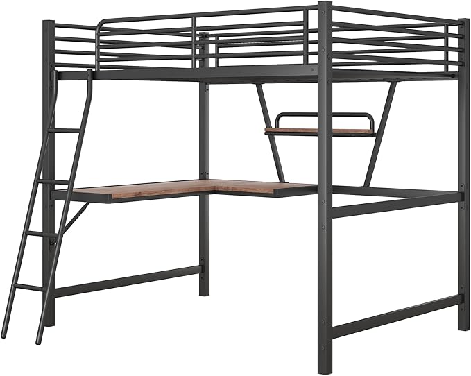 Full Size Loft Metal Bed with Desk and Shelf,Modern Bedroom Bed Frame w/Full-Length Guardrails & Ntegrated Ladder,Slat Support,for Adult Kid Boy Girl Teen,Black