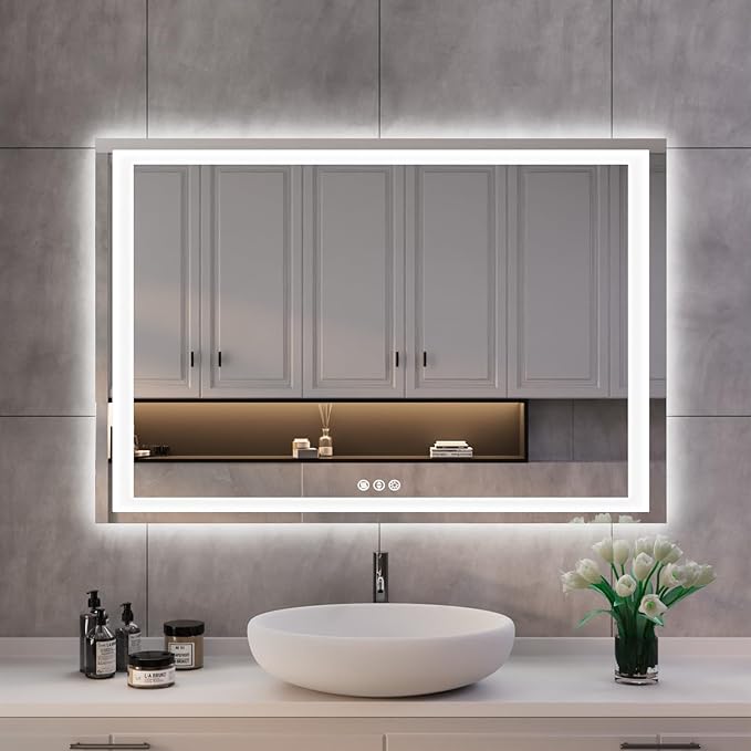 ISKM 44'' x 28'' LED Mirror for Bathroom Lighted Vanity Mirror for Wall Front Lights + Backlit LED Bathroom Mirror Anti-Fog Tempered Glass ETL Listed