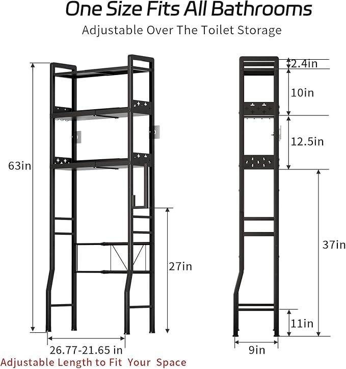 Over The Toilet Storage, 3-Tier Metal Over Toilet Bathroom Organizer Shelf with Adjustable Shelf with Toilet Paper Holder & Hooks Black