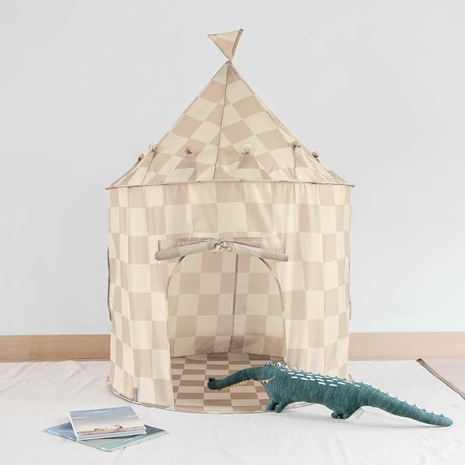 3 Sprouts Kids Play Tent - Sustainable Recycled Fabric – Fun Spacious Childs Playhouse for Indoor Games for Boys & Girls - Durable Fort Pop Up House for Toddlers & Children Age 3-10 - Checkered Beige