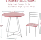 VECELO Small Round Dining Table Set for 2, Wood Tabletop with Strong Metal Frame, Modern Dinette with Chairs for Kitchen, Breakfast Nook Living Room, Pink & White