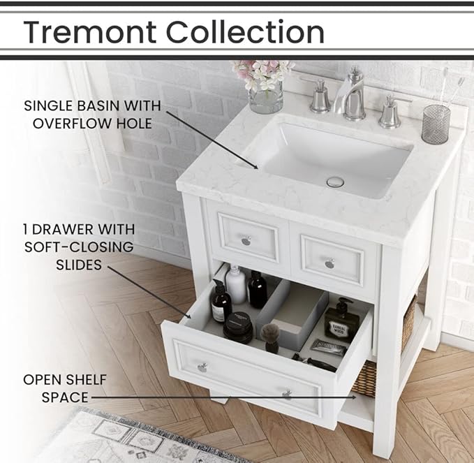 Hanover Tremont 24'' Vanity Cabinet with Sink Combo for Bathroom, Powder Room | Pre-Assembled Cabinet | 1 Drawer, Bottom Shelf | Artificial Stone Countertop | White Cabinet | HANVN0107-24-1WH