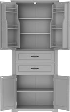 Tall Storage Cabinet, Bathroom Floor Freestanding Storage Cabinet with 2 Doors, Adjustable Shelf, and 2 Drawers for Bathroom, Office, Living Room, MDF Board, Grey