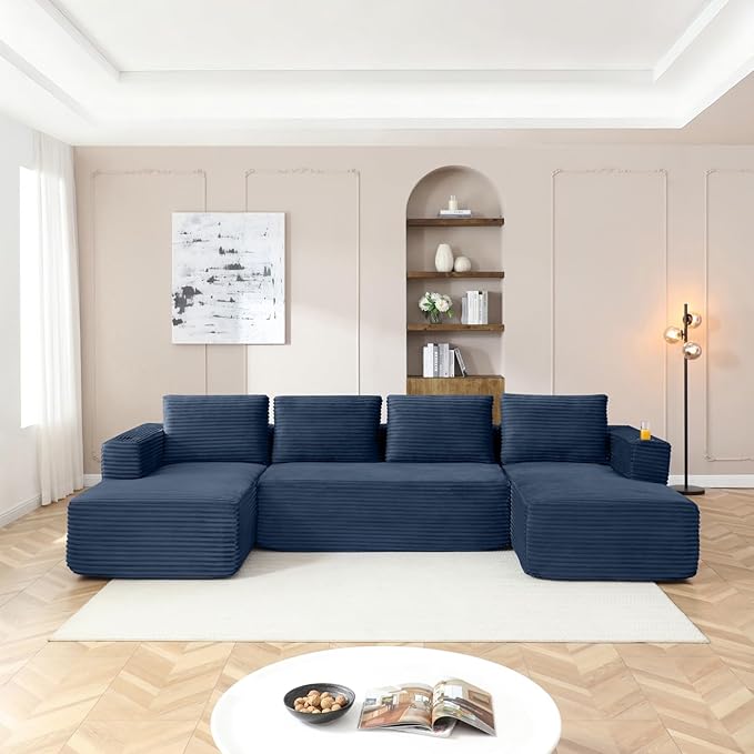 132 Inch Modular Sectional Sleeper Sofa, Boneless Cloud Couch for Living Room, U Shaped 5 Seat Sofa with 2 Cup Holders, Free Combination, No Assembly Required (Blue)