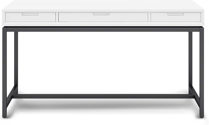 SIMPLIHOME Banting Desk - 60-Inch Wide Solid Hardwood and Metal Writing Desk in White, Modern Industrial Home Office Computer Table for Study with 2 Drawers and Flip-Down Keyboard Tray