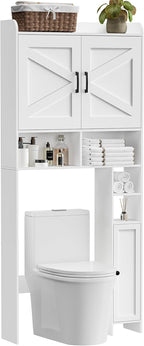 Homhedy Over The Toilet Storage Cabinet with 2 Barn Door and Toilet Paper Holder Stand, FreeStanding Toilet Shelf Space Saver, for Bathroom, Restroom, Laundry, White
