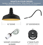 Steel Lighting Co. Gardena Barn Light | Outdoor Wall Mounted | 16" Dome | 23" Gooseneck | Farmhouse Light Made in America | Matte Black Exterior/Brass Interior