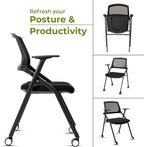 Home Office Chair Set of 4 Adjustable Armrest Ergonomic Mid-Back Breathable Mesh Foldable Conference Reception Chairs for School Waiting Room Small Space