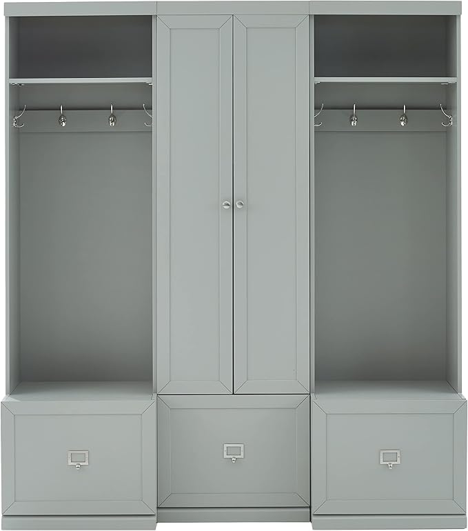 Crosley Furniture Harper 3-Piece Hall Tree and Storage Cabinet Set with Entryway Bench and Hooks for Hanging, Gray