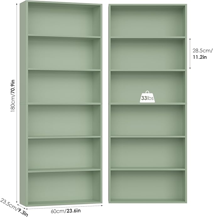 FOTOSOK 70.8" Tall Bookcase Shelf, 6 Tier Wide Bookshelf with Storage, Billy Bookcase Set of 2, Large Bookshelf for Living Room, Home Office,Green