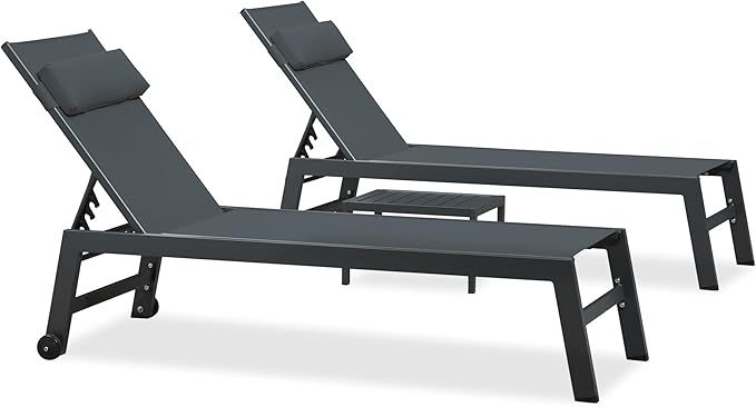 PURPLE LEAF Outdoor Lounge Chair Set of 3 Patio Chaise Pool Lounger Aluminum Frame with Side Table and Wheels for Outside Sunbathing Tanning Recliner Including Pillows Gray