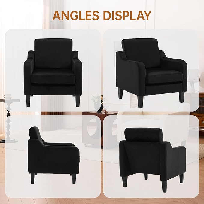 Accent Chairs Set of 2 with Soft Armrest, Modern Living Room Chairs, Upholstered Comfy Chair with Cushion, Boucle Pottery Barn Accent Chair, Single Armchair, Black