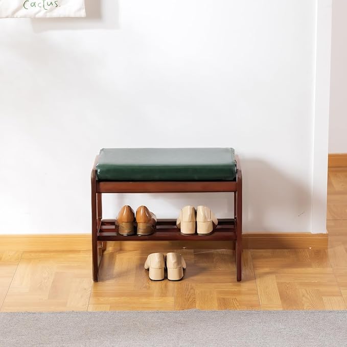 latifolia Solid Wood Bench, Entryway Shoe Bench with Cushion, 2 Tier Shoe Storage Organizer for Hallway, Living Room(Green,21.65''L)