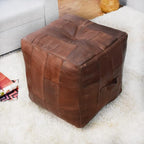 Handmade Eco-Friendly Geometric Leather Pouf Brown Color Square 18" x 18" x 18" Buffalo Leather Pouf for Living Room, Bedroom Seating, Patio