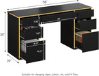 58 Inch Executive Desk with 7 Drawers, Black and Gold Desk with File Drawers for Bedroom, Home Office Desk with Storage for Study, Living Room