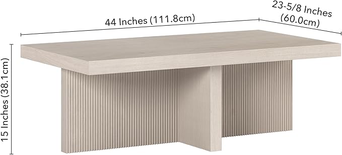 Henn&Hart 44" Fluted Rectangular Wood Pedestal Low-Profile Coffee Table for Living Room, Family Room or Office, Alder White