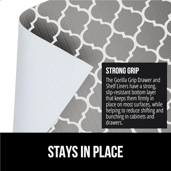 GORILLA GRIP Slip Resistant Drawer and Shelf Liner 2 Pack, Non Adhesive Water Resistant, Easy Clean and Trim, Smooth Surface Liners for Kitchen Cabinet Shelves Drawers Pantry 12 IN x 20 FT, White Gray