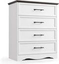 White Farmhouse Dresser for Bedroom, 36" Tall 4 Drawer Chest with Sleek Brushed Metal Handles, Modern Wood Storage Cabinet with Unique Base Design, Closet Organizer for Bedroom, Living Room, Hallway