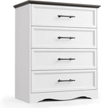 White Farmhouse Dresser for Bedroom, 36" Tall 4 Drawer Chest with Sleek Brushed Metal Handles, Modern Wood Storage Cabinet with Unique Base Design, Closet Organizer for Bedroom, Living Room, Hallway