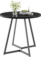VECELO Round Dining Room Table with Wood Grain Tabletop and Steel Frame, for Kitchen, Living Room, Office, Conference, 2 to 4 Person, Black