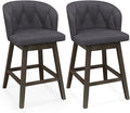 COSTWAY Counter Height Bar Stools Set of 2, Fabric Upholstered Island Stools with 360° Swivel Seat & Button-Tufted Back, Modern Pub Stools with Solid Rubber Wood Frame (Grey,2)