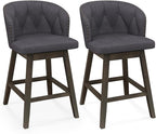 COSTWAY Counter Height Bar Stools Set of 2, Fabric Upholstered Island Stools with 360° Swivel Seat & Button-Tufted Back, Modern Pub Stools with Solid Rubber Wood Frame (Grey,2)