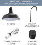 Steel Lighting Co. Gardena Barn Light | Outdoor Pole Top Mounted | 16" Dome | Upslope Gooseneck with Slip Fitter for 2-3/8" Standard Poles | Made in America | Matte Black Exterior/White Interior