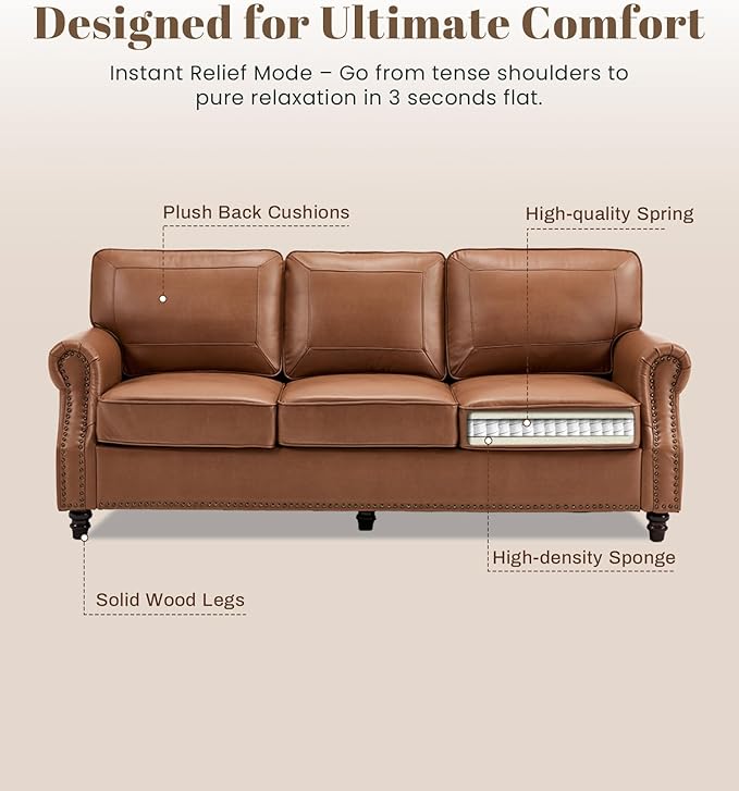Kingfun Mid-Century Modern Couch, Faux Leather Sofa, 3 Seater Couch for Living Room with Rolled arms & Nailhead Trim, Brown
