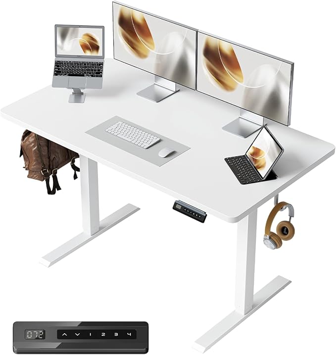 FEZIBO One-Piece Standing Desk Adjustable Height Stand up Home Office Desk, 48x24 Inch Electric Standing Computer Desk, with 4 Memory Presets, Headphone Hook, White