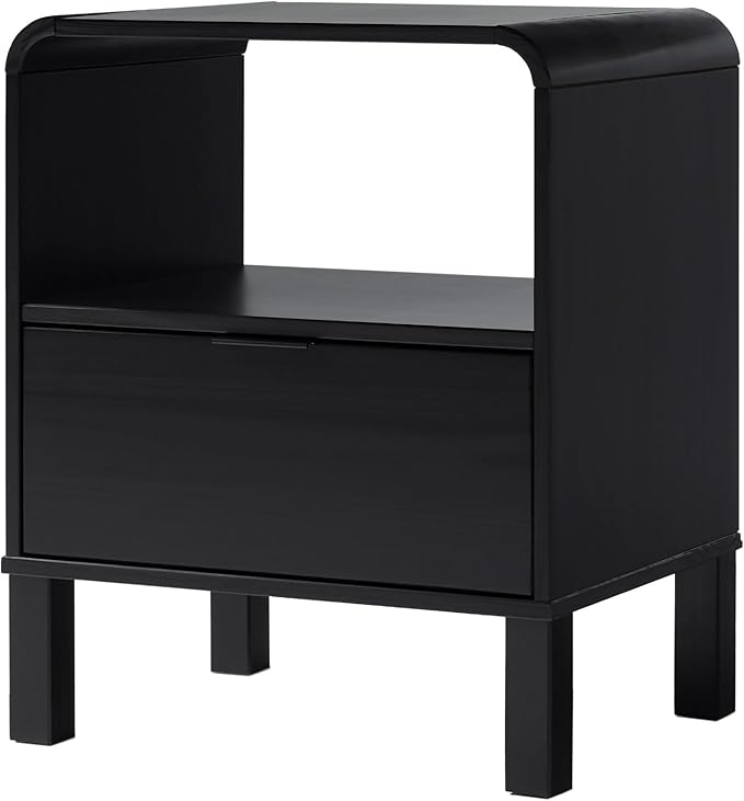 Walker Edison Modern Curved-Top Solid Wood 1-Drawer Nightstand with Open Cubby, 24 Inch, Black