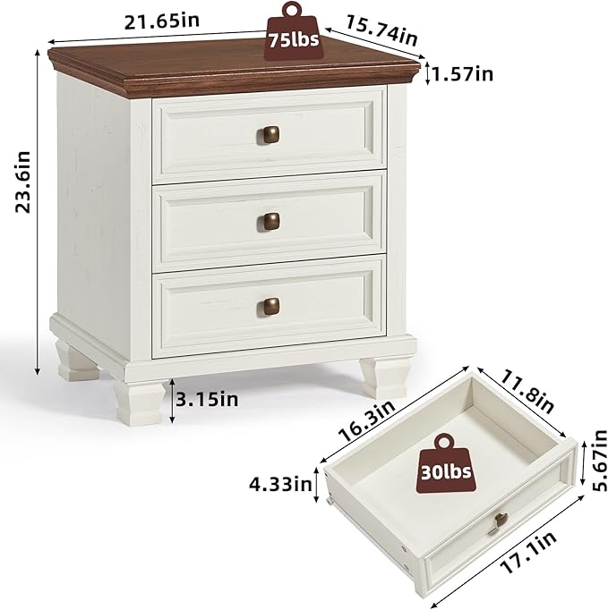 Farmhouse Nightstand Set of 2, Vintage Couch End Table with 3 Drawers & 4 Square Solid Wood Legs, Rustic Bed Side Table with Storage, Small Dresser for Bedroom, Living Room, White