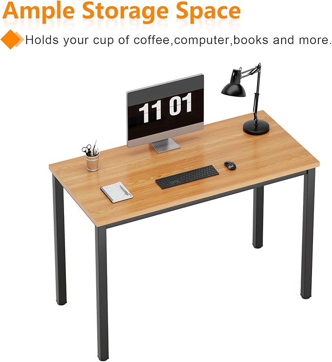 Need Small Desk, 39.4 inches Sturdy Writing Desk for Small Spaces, Teens Computer Desks Study Table Laptop Home Ofice, Black Metal Frame, Teak