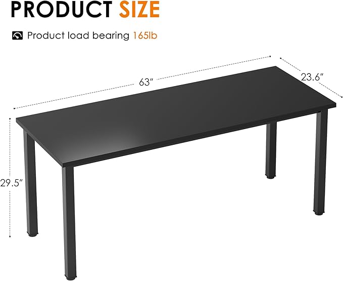 Need 63 Inch Large Computer Desk, Modern Simple Style Home Office Gaming Desk, Basic Writing Table for Study Student, Wooden Desktop and Metal Frame, Black