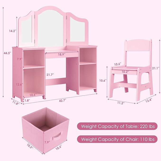 Arlopu Kids Vanity Set, 2 in 1 Toddler Makeup Dressing Table and Chair Set w/Detachable Tri-fold Mirror, Open Shelves, Princess Wooden Pretend Play Desk Furniture Toy for Little Girl (Pink)