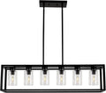 Farmhouse Dining Room Light Fixture Kitchen Island 6-Light Pendant Lighting， Adjustable Rectangle Black Contemporary Chandeliers with Glass Shade (6 Light)