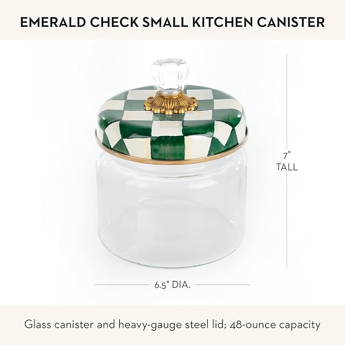 MACKENZIE-CHILDS Small Kitchen Canister, Decorative Glass Storage Jar with Lid, Green-and-White Emerald Check