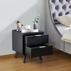 Fluted 2 Drawer Small Dresser for Bedroom, Mid Century Modern Nightstand with Drawers, Low Bedside Table with Drawers, End Table Short Storage, Living Room, Dorm -Black